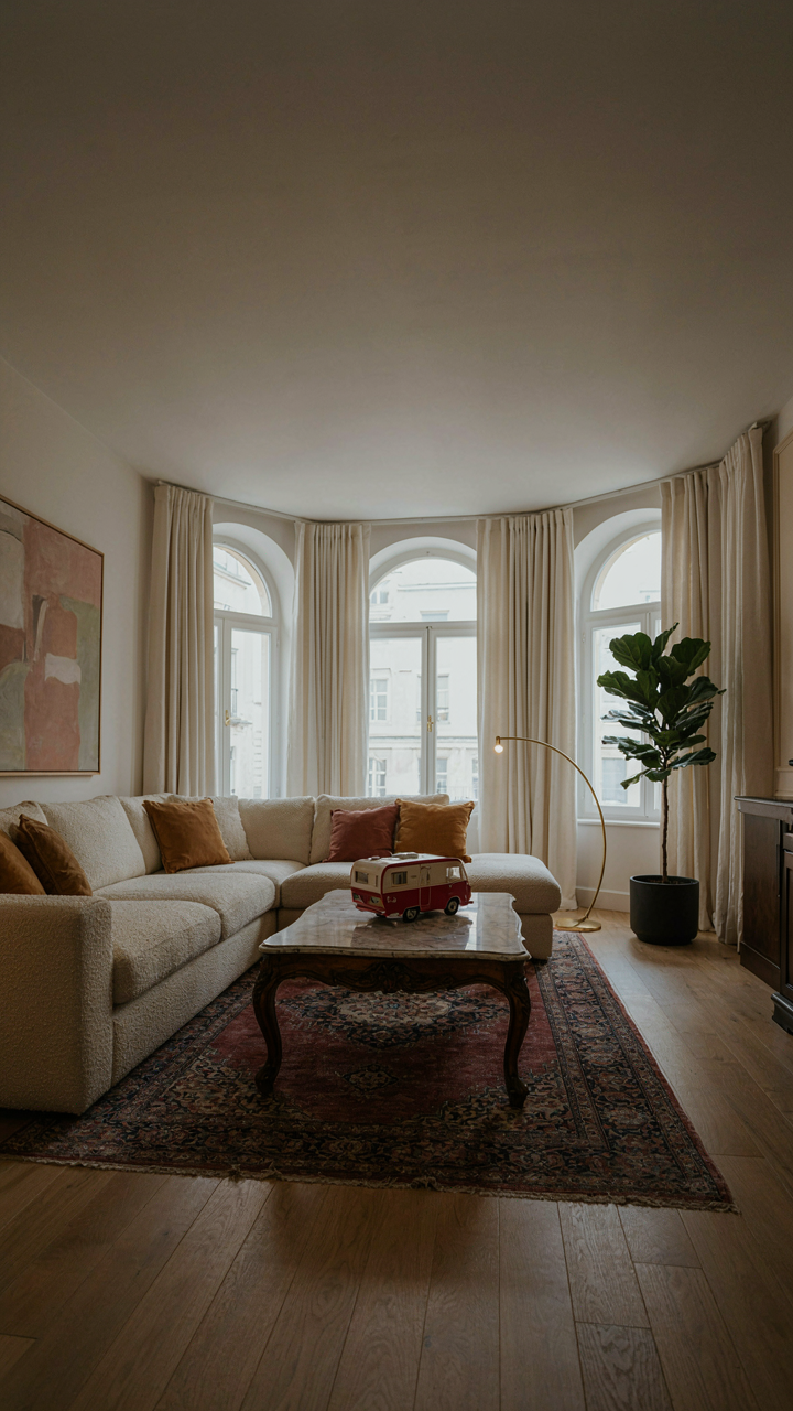 A spacious apartment living room with a tiny toy RV on the coffee table.