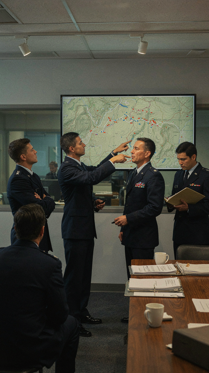 Military strategists plan with a well-lit tactical map.