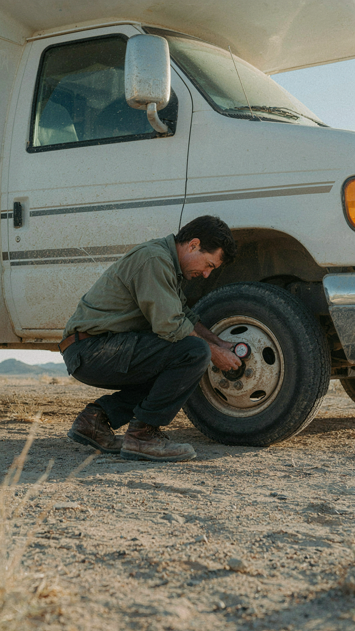 A person checking an RV tire with a pressure gauge in the desert at dawn.