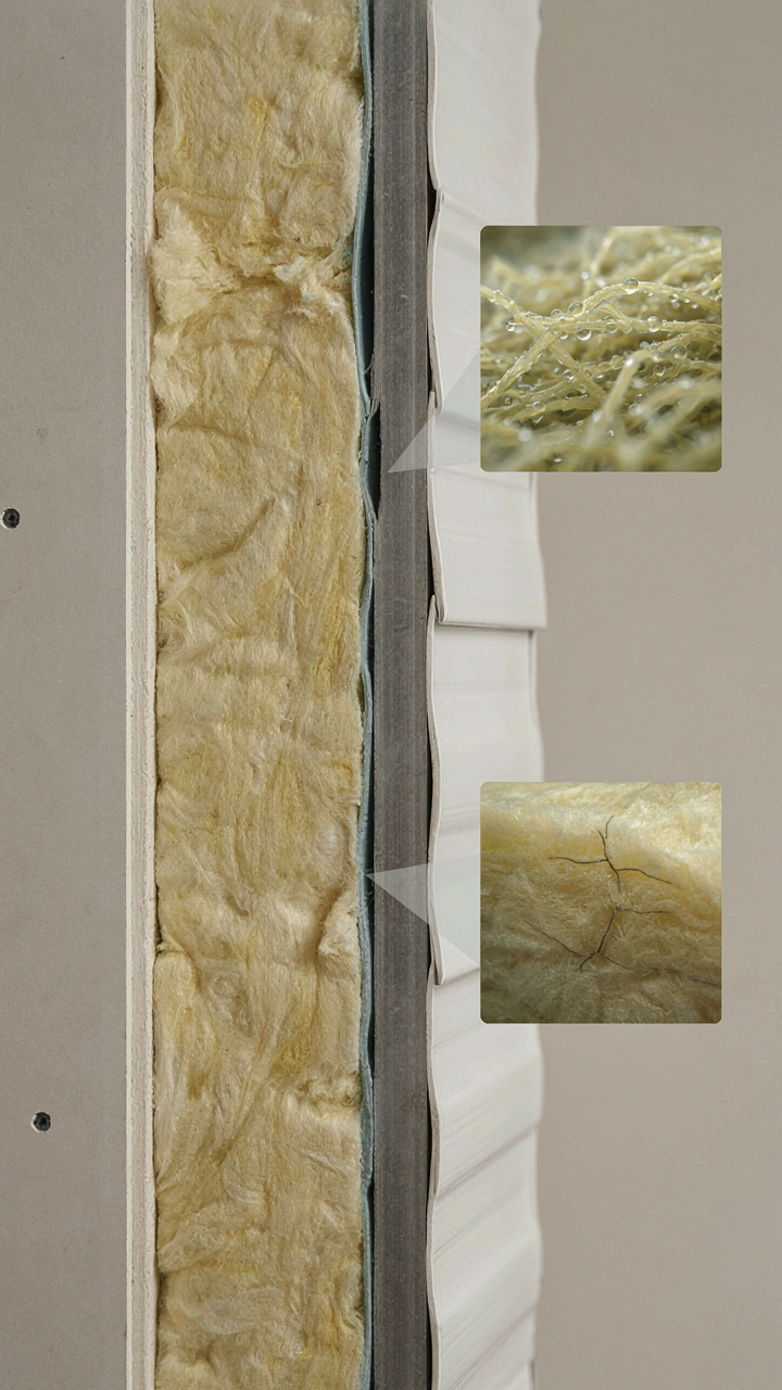 A detailed cross-section of an RV wall, showing moisture seeping into insulation.