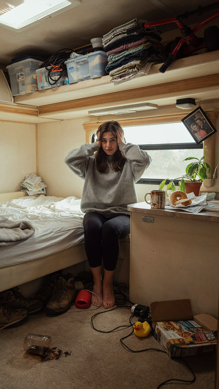 A cluttered RV interior showing disorganization and a stressed person.