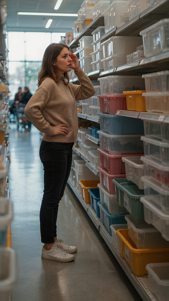 A person looks at many empty plastic organizing bins in a store.