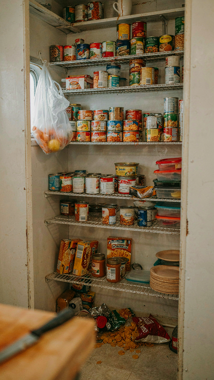 A very messy RV pantry with many duplicate items and spilled goods.