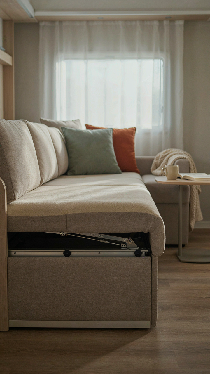 A modern RV sofa bed half-converted for sleeping, revealing its mechanisms.