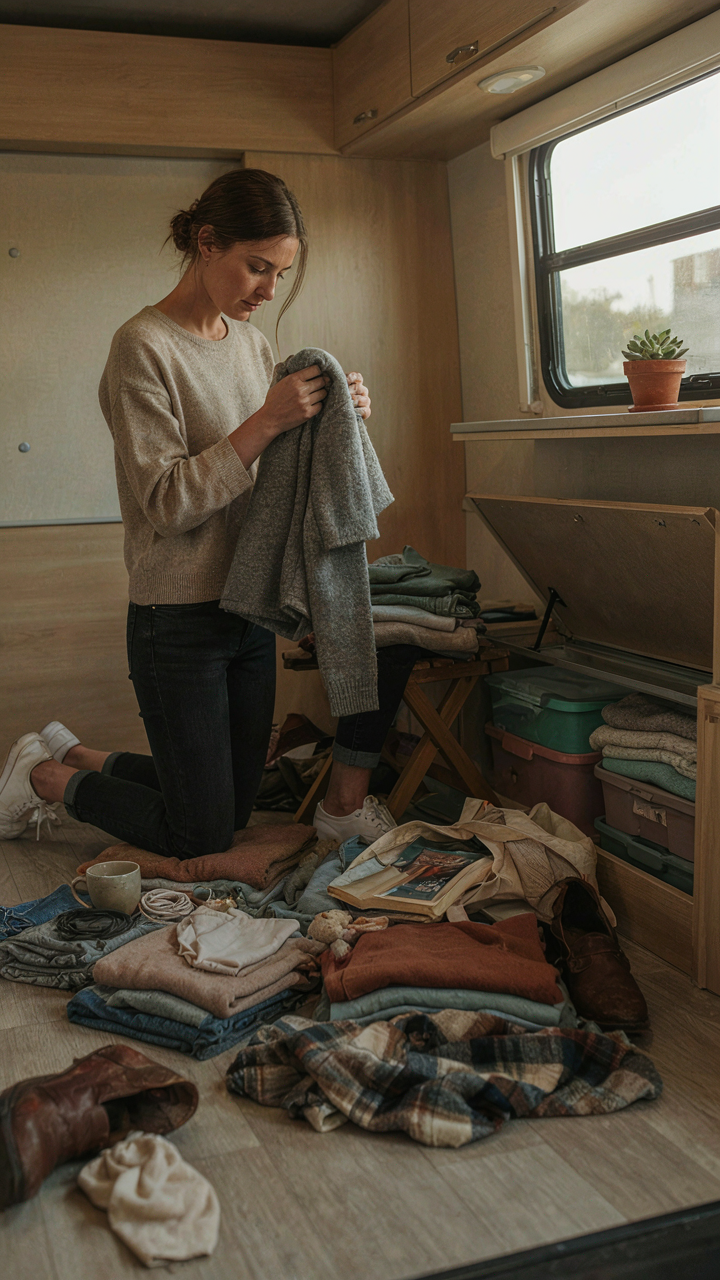 A person sorts through a big pile of clothes on an RV floor.