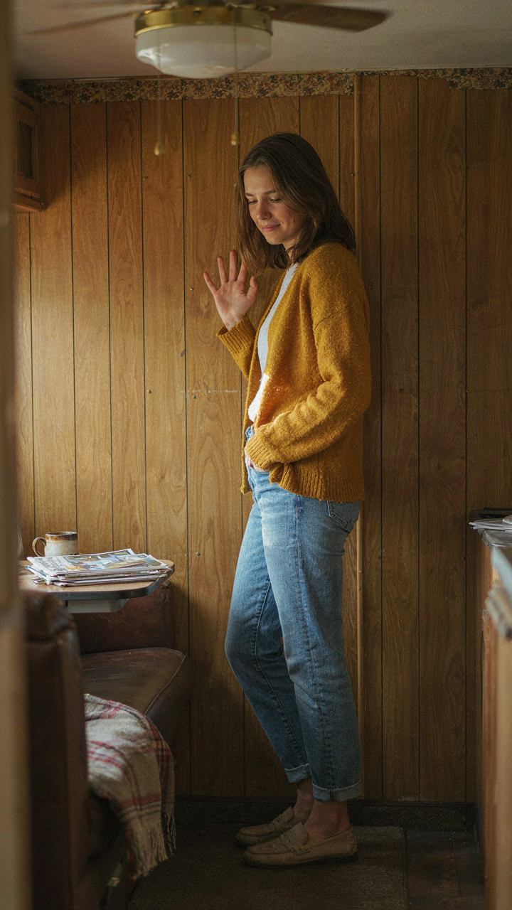 A person looking embarrassed inside a dated RV with wood-paneled walls.