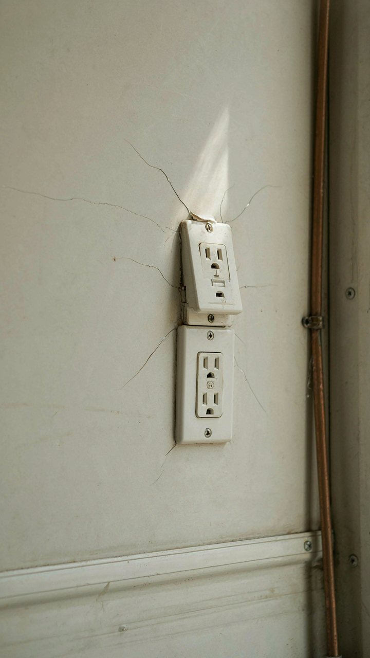 Close up of an RV wall with tiny cracks near an outlet and water line.