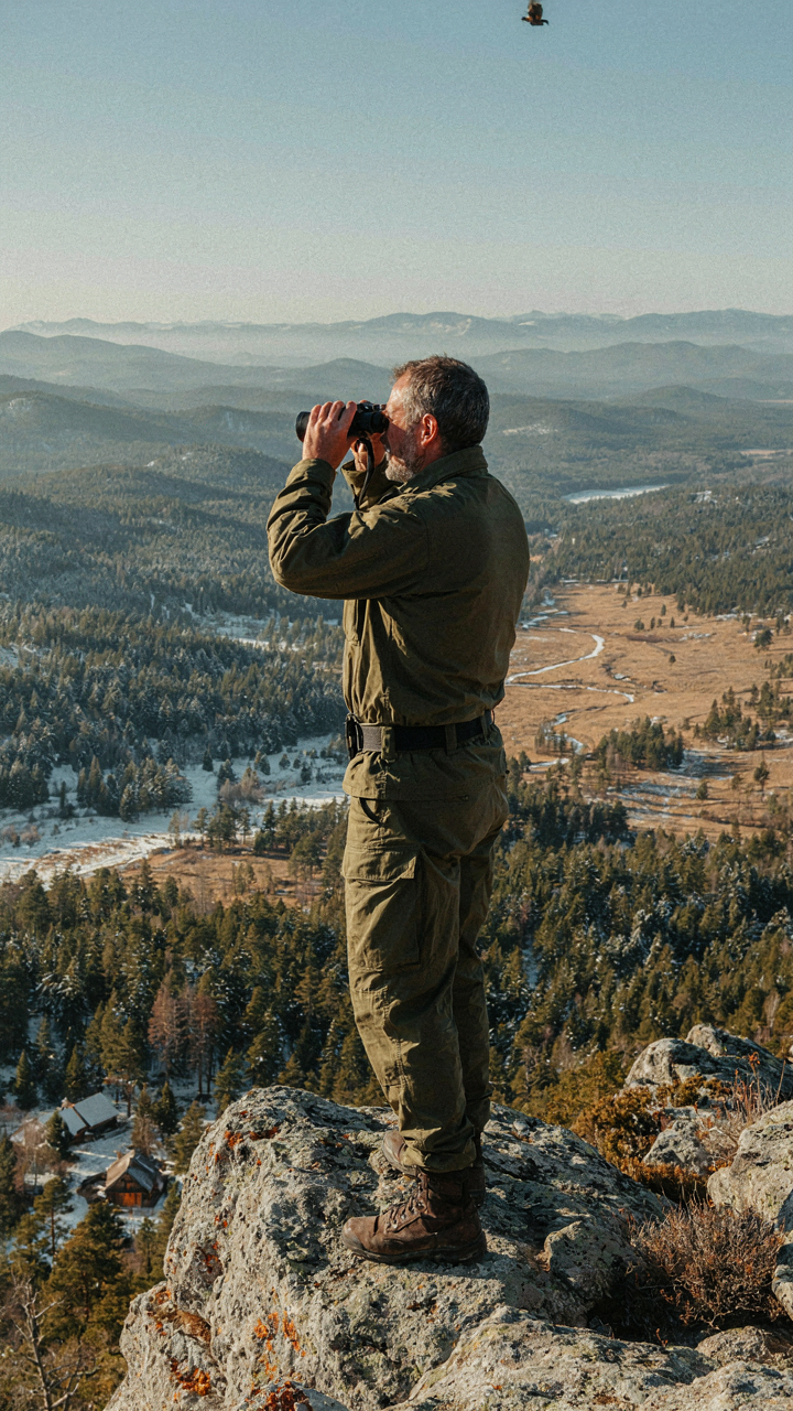 A military commander surveys a landscape with binoculars, planning.