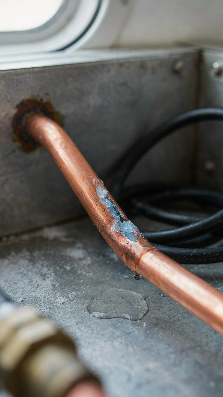 A close up of a burst frozen pipe in an RV.
