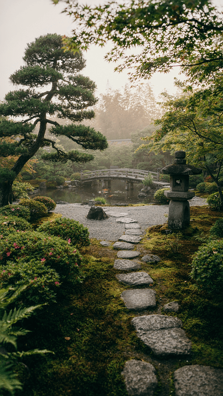 A detailed and well-kept miniature Japanese garden with a stone path.