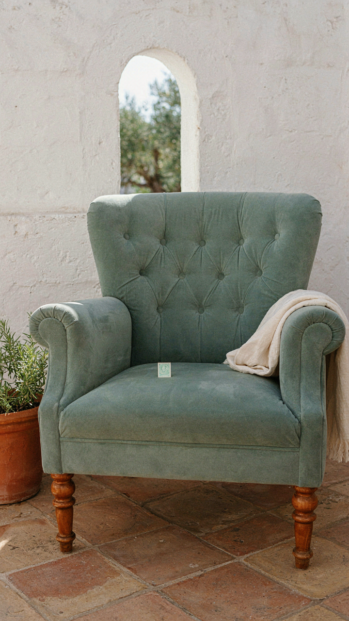 A tiny postage stamp next to a large patio armchair.