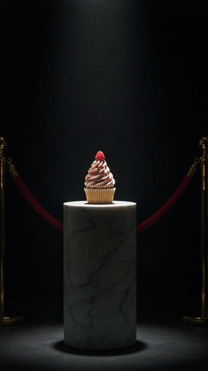 A single gourmet cupcake displayed on a pedestal under a spotlight.
