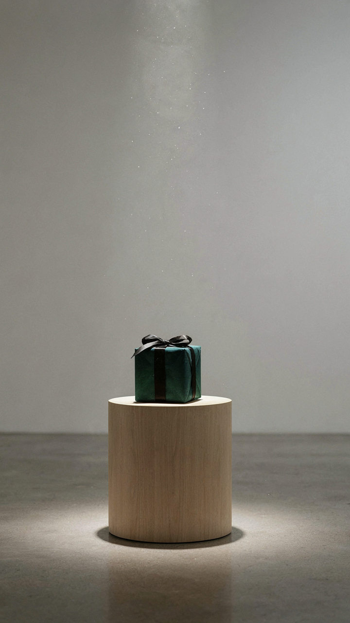 A single, wrapped gift box sits on a pedestal in a bright art gallery.