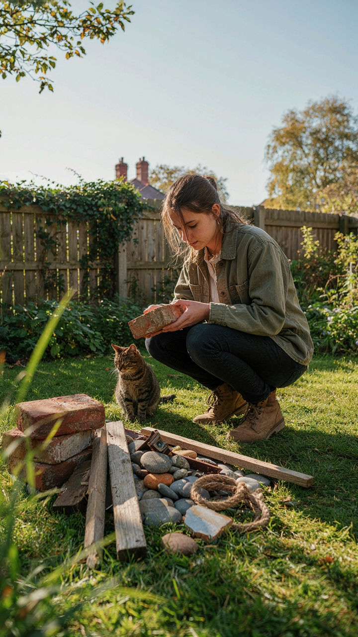A person looks at a pile of old bricks, wood, and rocks.