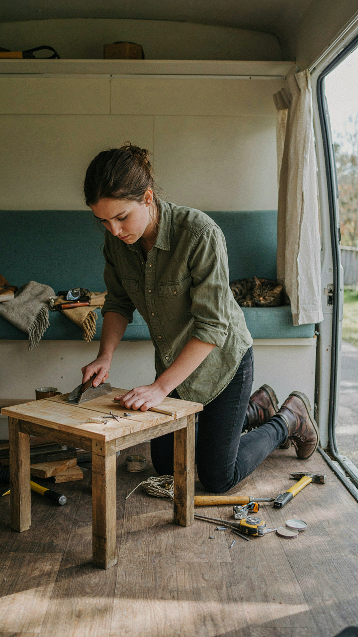 A person builds a table from an old crate inside a small camper.