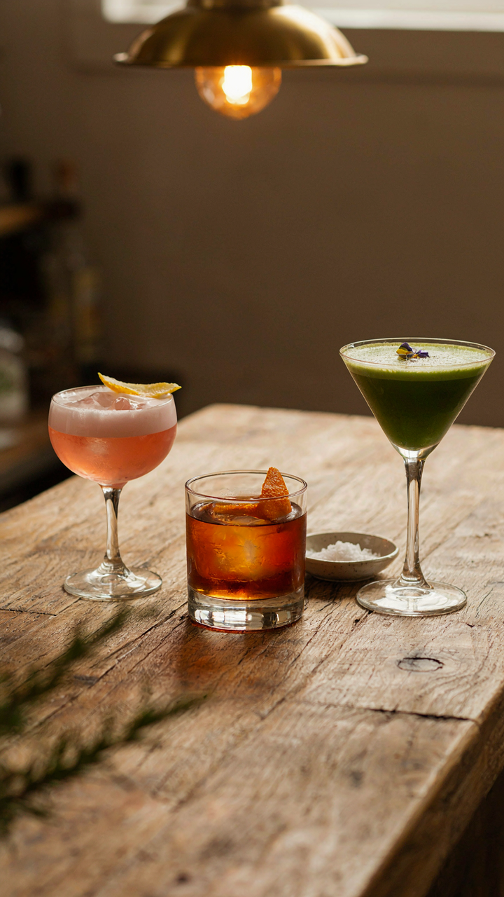 Three elegant cocktails arranged on a rustic wooden bar counter.