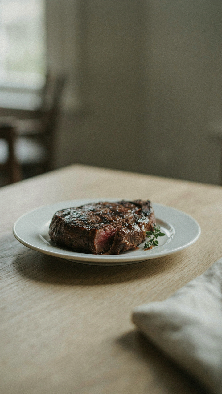 A single, perfectly seared steak sits on a simple white plate on an elegant table.