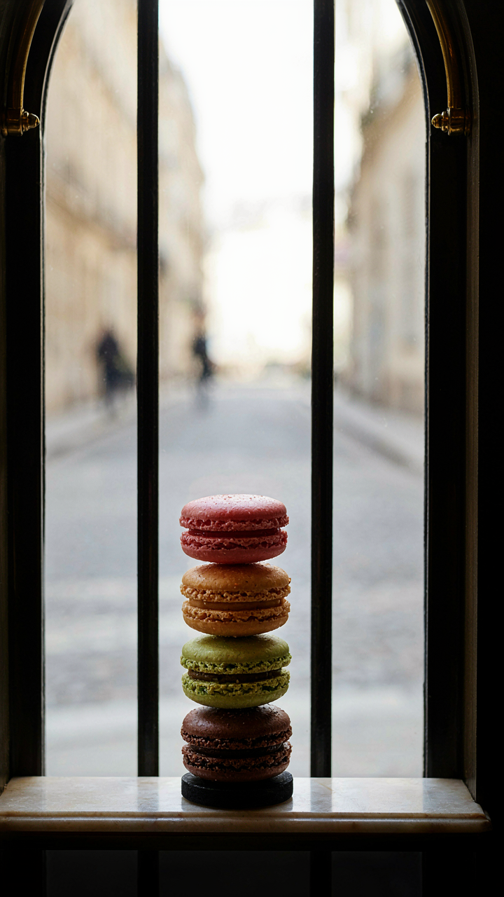 Three perfectly sculpted macarons displayed in a luxury window.