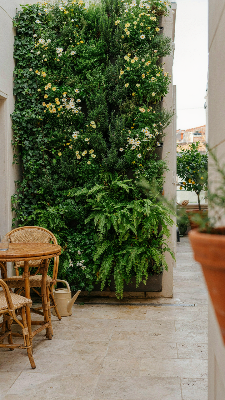 A tall wall covered in lush vertical planters with herbs and flowers.