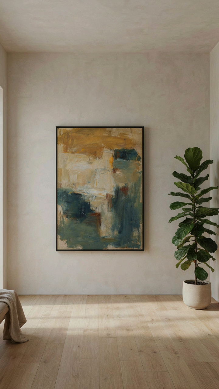 A clean, minimalist room with one plant and one picture, showing abundance from subtraction.