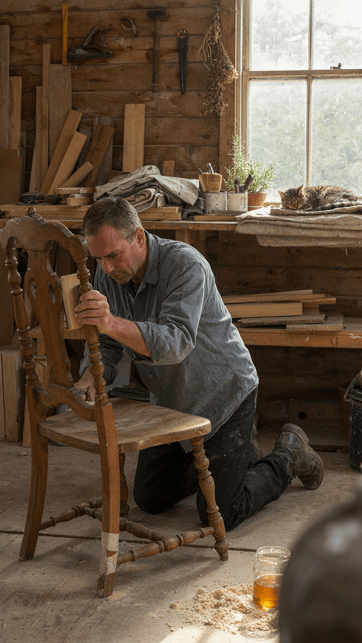 An artisan sands an old wooden chair, repurposing it for a backyard oasis.