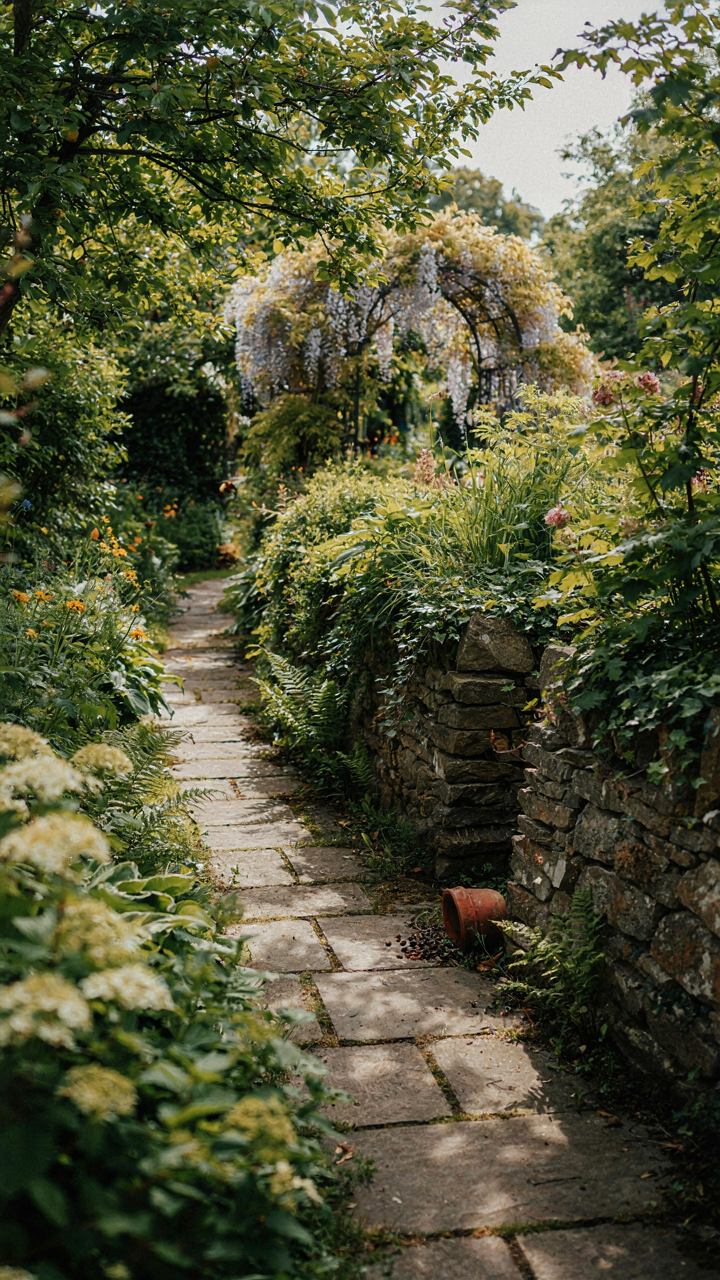 A narrow path hidden behind plants and a wall, suggesting a private area.