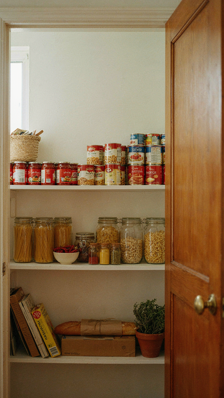 An open pantry shows common household food items for a backyard campout.