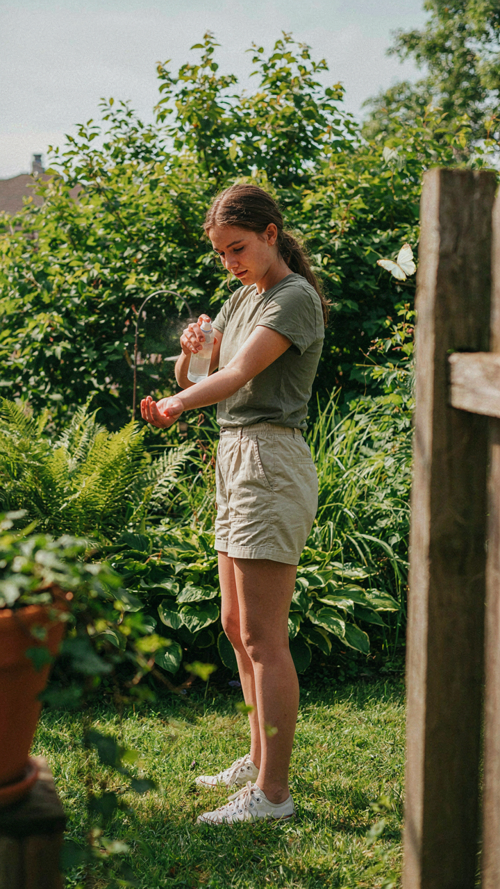 A person sprays insect repellent on their arm in a green backyard.