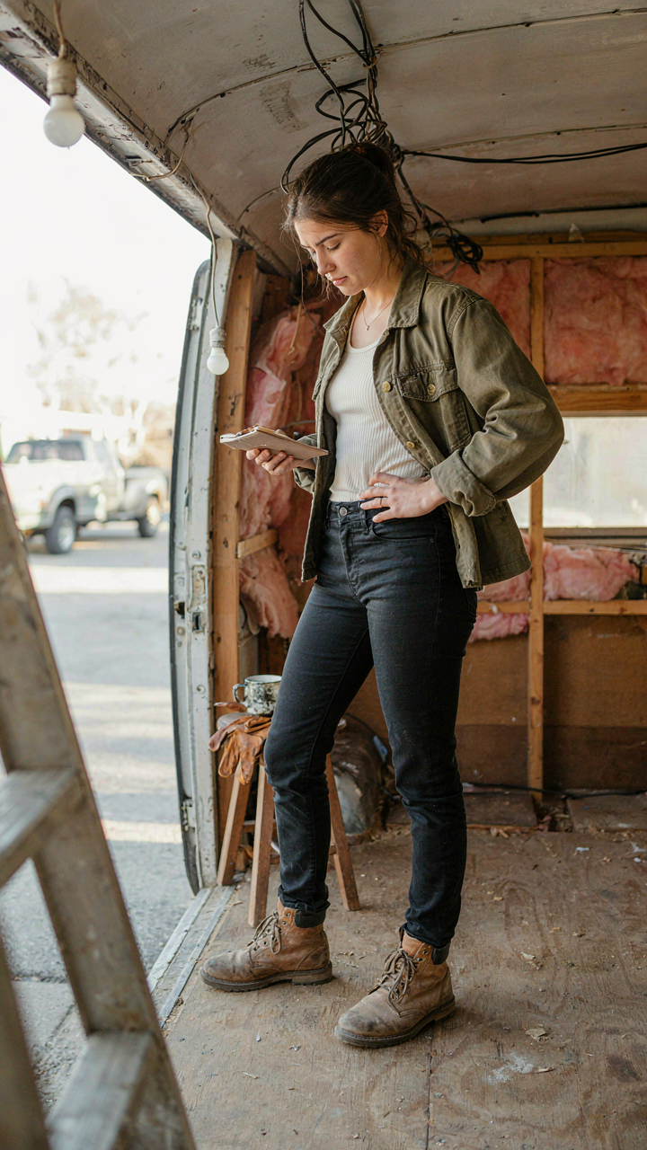 A person looks at the exposed walls and wiring inside a disassembled vintage camper.