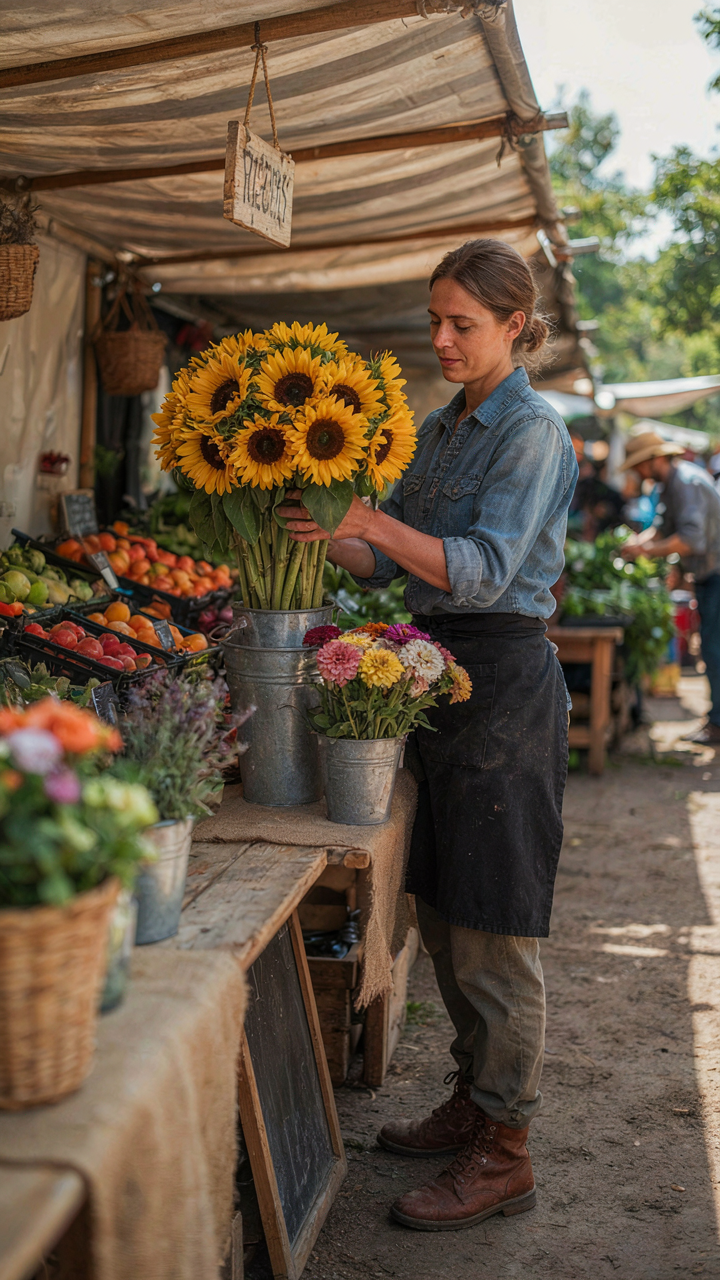 A farmer arranges fresh sunflowers and zinnias at a market stall.