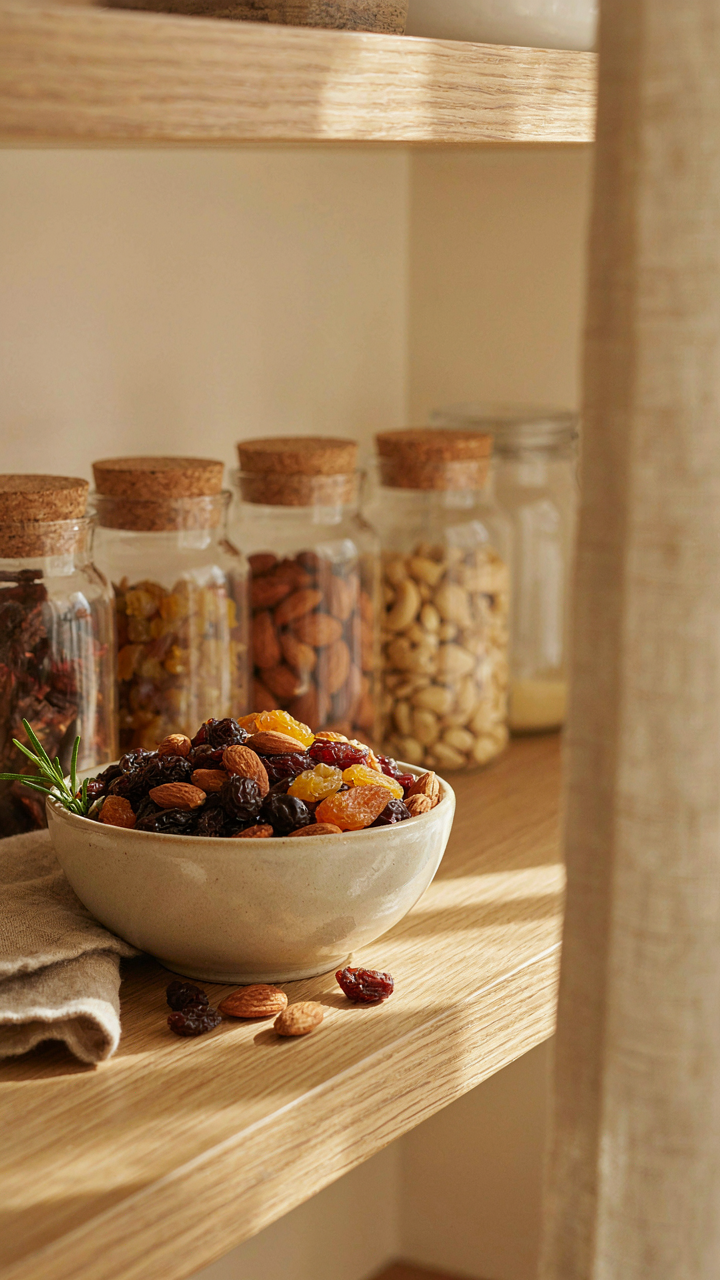 Dried fruit and nuts are stored in clear jars in a pantry.