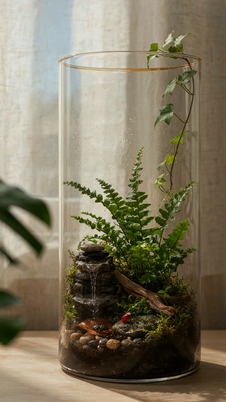 A complex, miniature ecosystem thrives inside a glass terrarium.