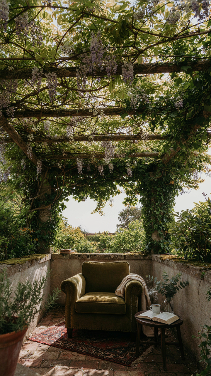 A small, private alcove on a patio with a chair, surrounded by plants.