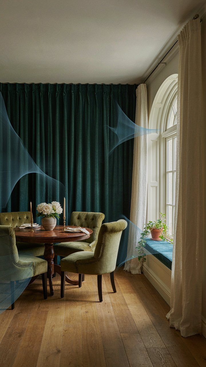 Sound waves absorbing into soft curtains and chairs in a dining room.