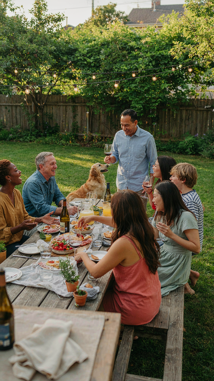 Happy guests enjoying themselves at a lively backyard party.