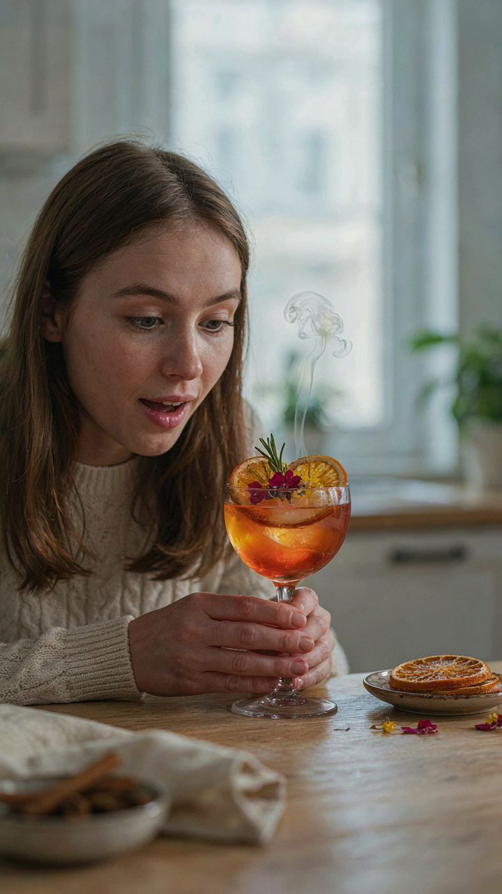 A person looks in delight at a visually stunning festive fall drink.