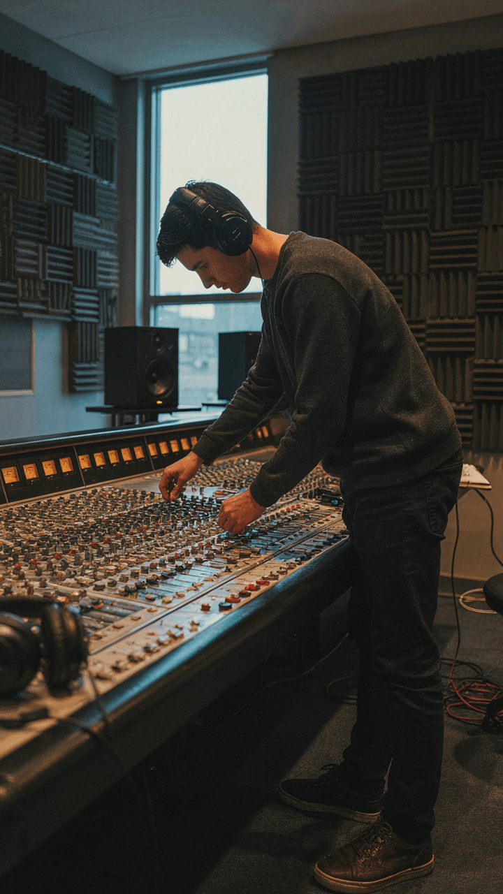 A person in headphones adjusts controls on a sound mixing board.