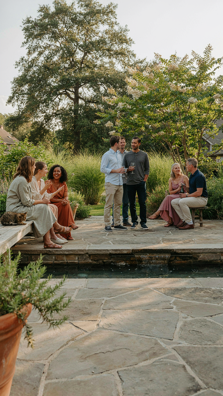 A water feature provides gentle sound as guests talk in a backyard.