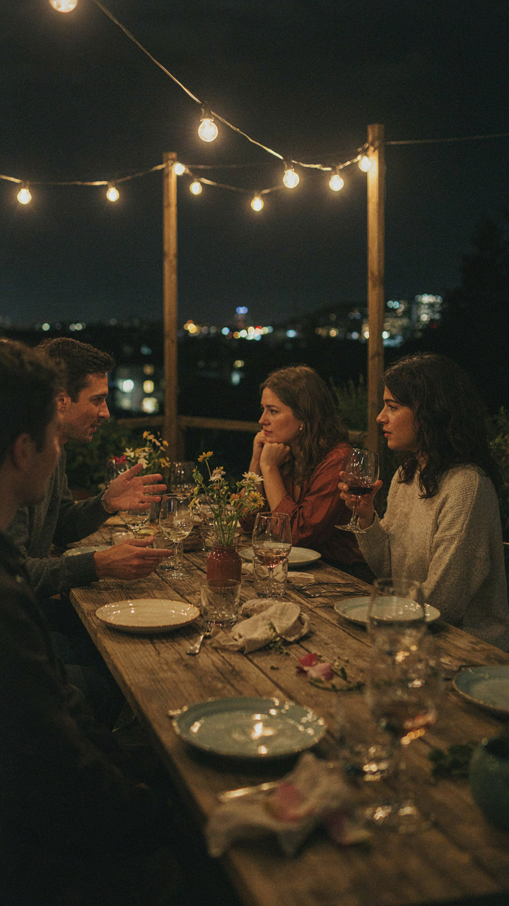 Warm string lights glow over a comfortable outdoor dining area at night.