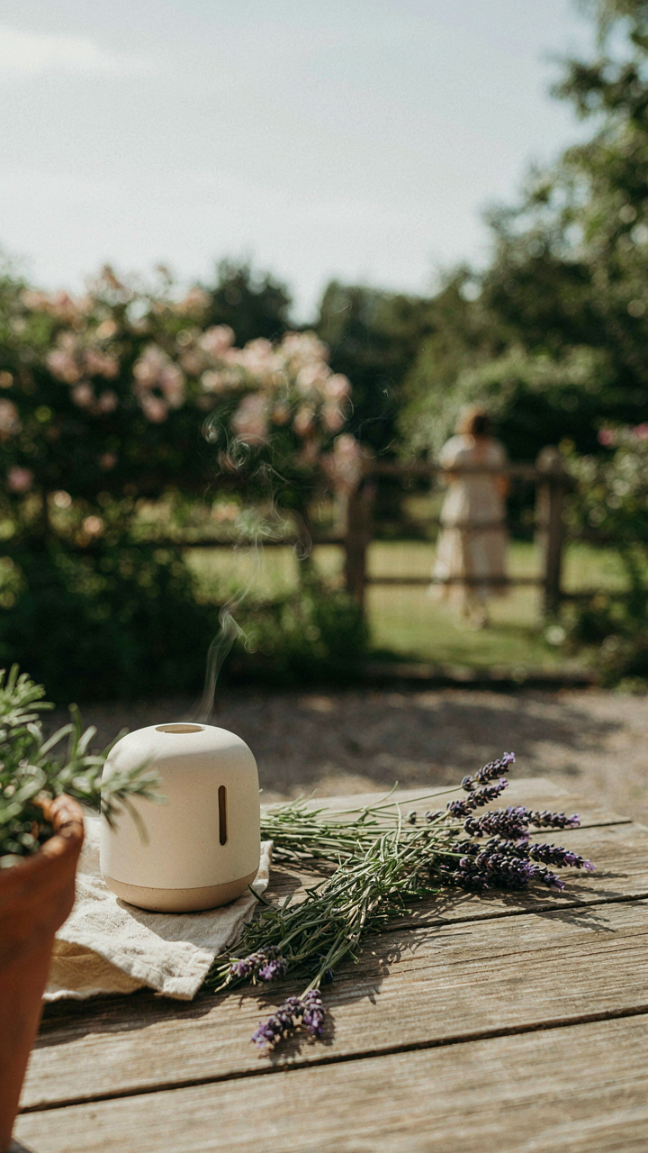 A small diffuser and lavender bouquet add scent to an outside picnic area.