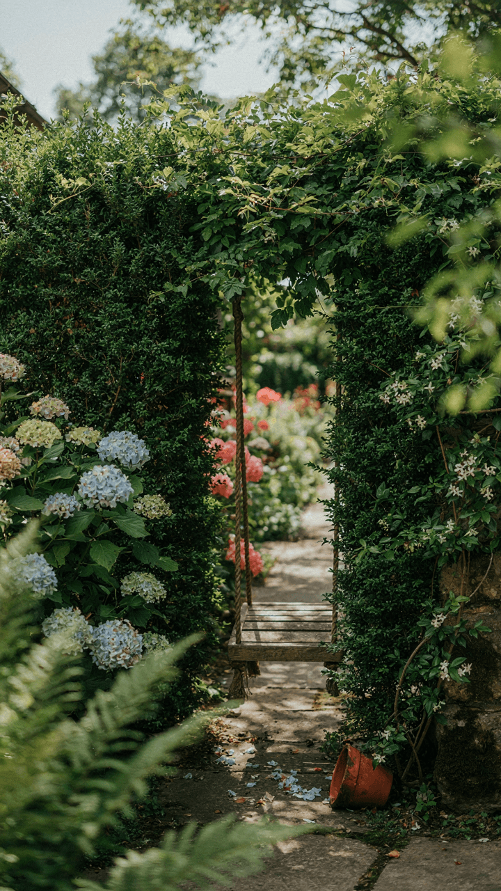 A garden swing seat is tucked away by tall bushes and flowers, creating a private spot.