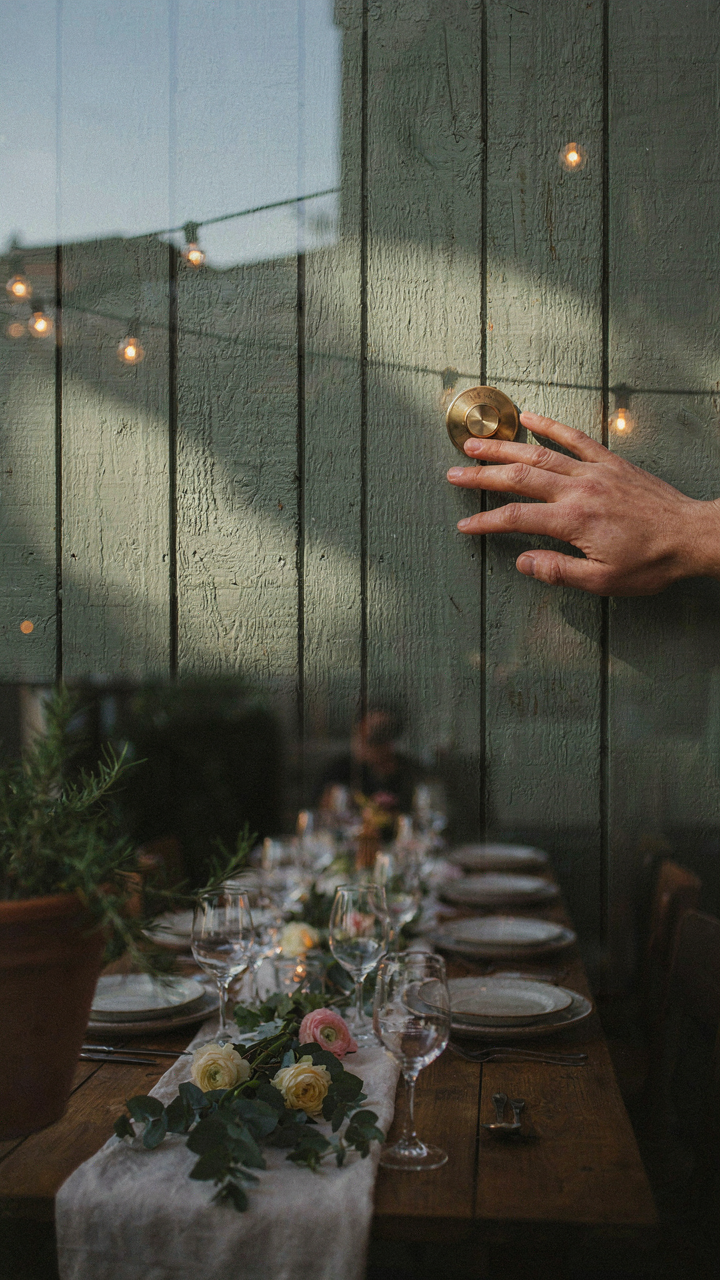 A hand hesitates over a light dimmer switch, leaving the outdoor lights bright.