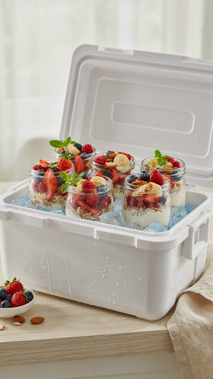 Jars of overnight oats sit in a cooler, ready for a backyard campout breakfast.
