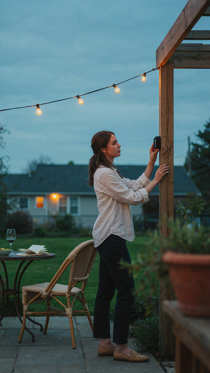A person adjusts a dimmer switch for outdoor string lights on a patio.