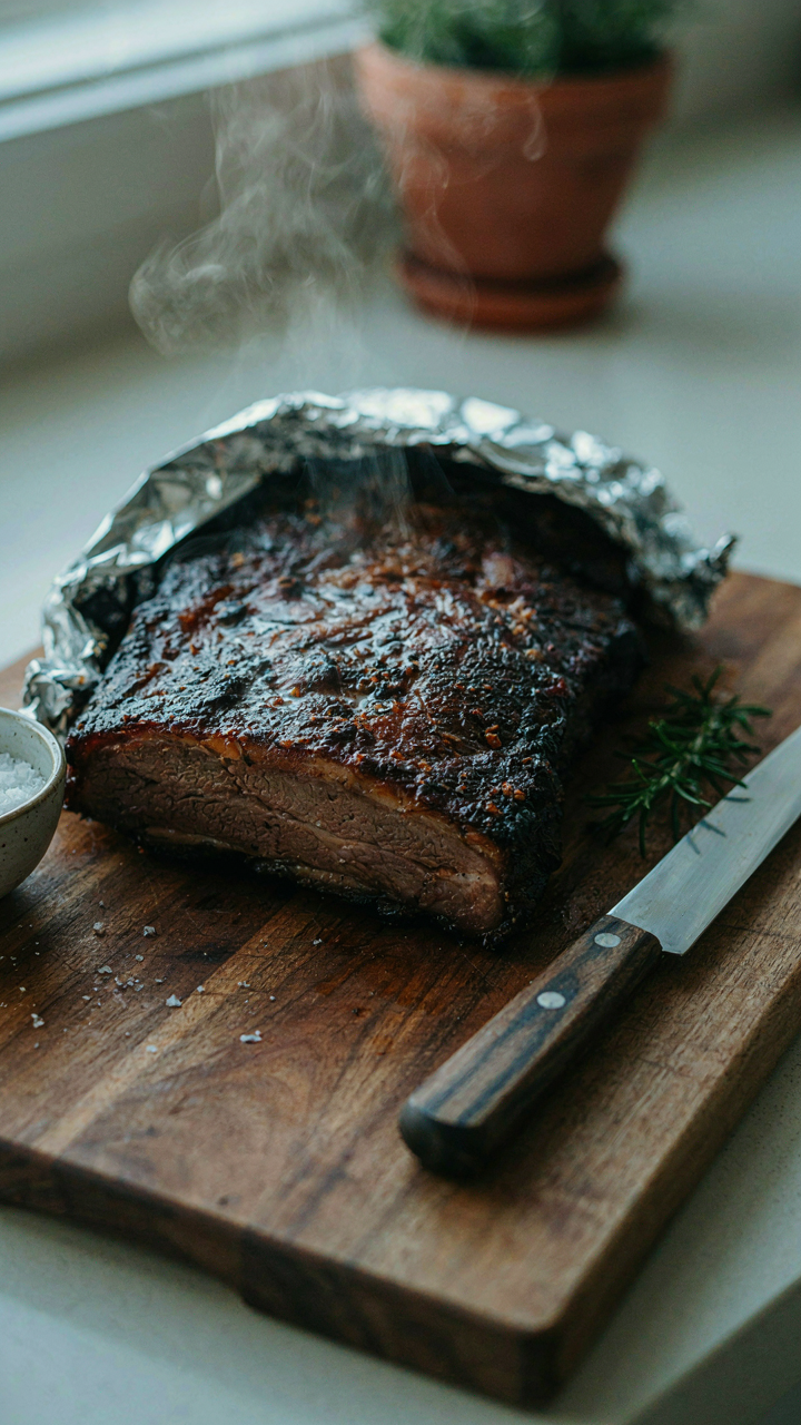 A large, smoked brisket rests under foil on a cutting board.