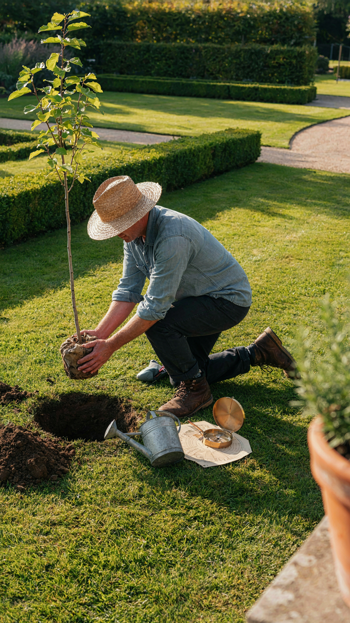 A gardener carefully places a plant in a sunlit garden.