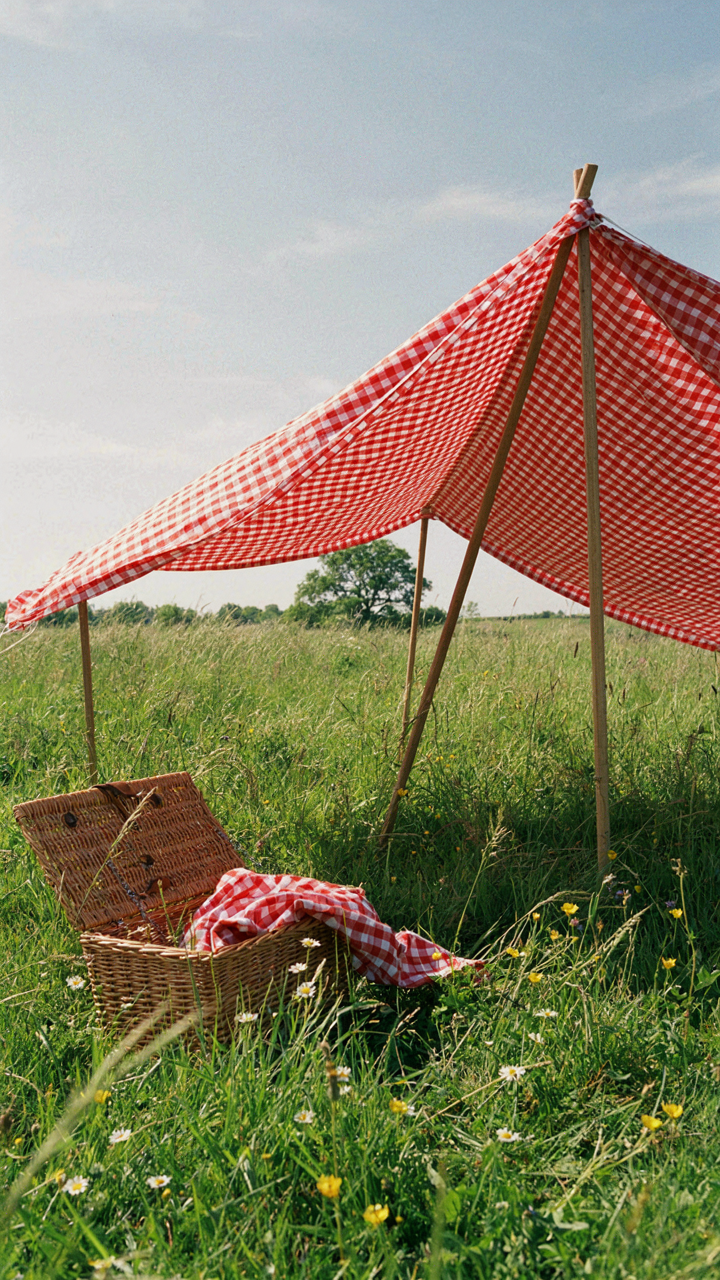 A poorly set up, sagging picnic canopy struggles against a light breeze.