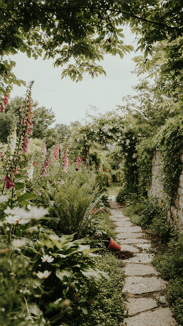 A beautiful, slightly overgrown shady garden retreat with natural charm.