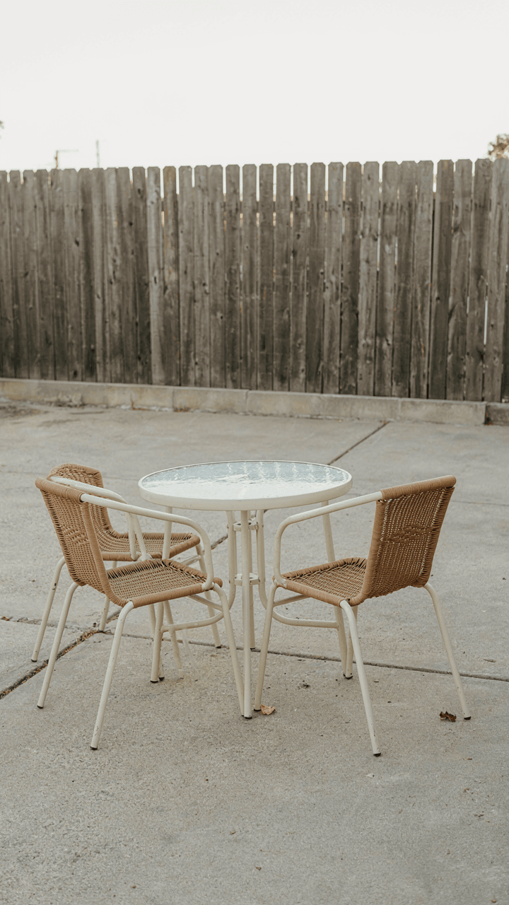 A generic metal bistro table and two chairs on a plain concrete patio.
