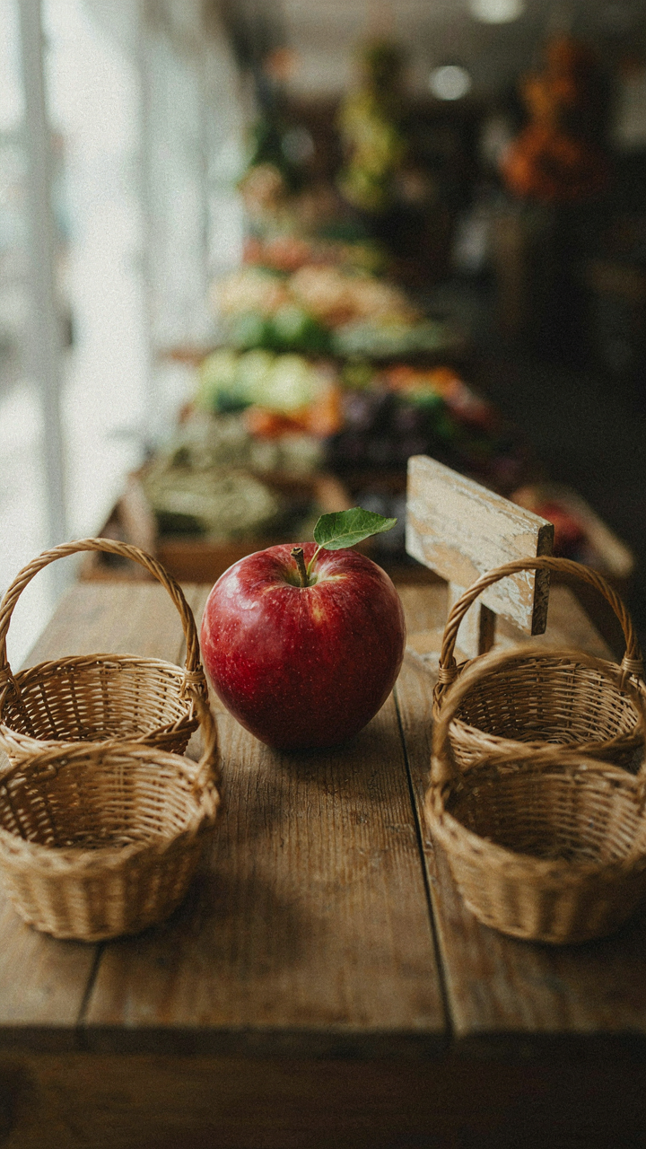 A single apple under a spotlight at a fruit stand, labeled as a special offer.